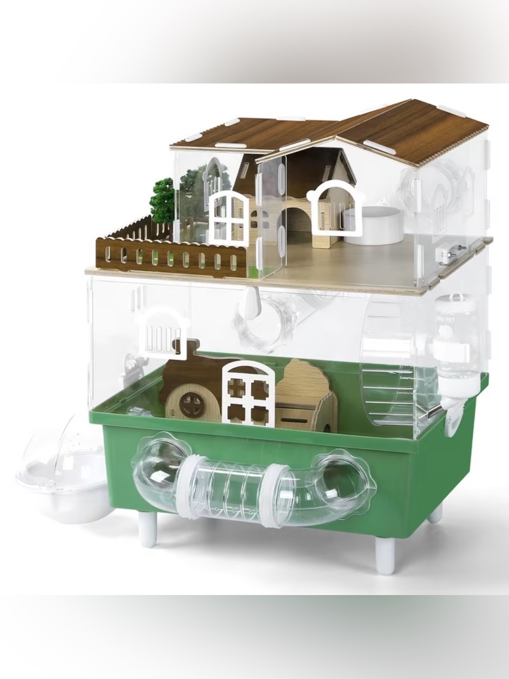 2-Level Hamster Cage with Clear Walls, Tunnels, Wheel & Accessories